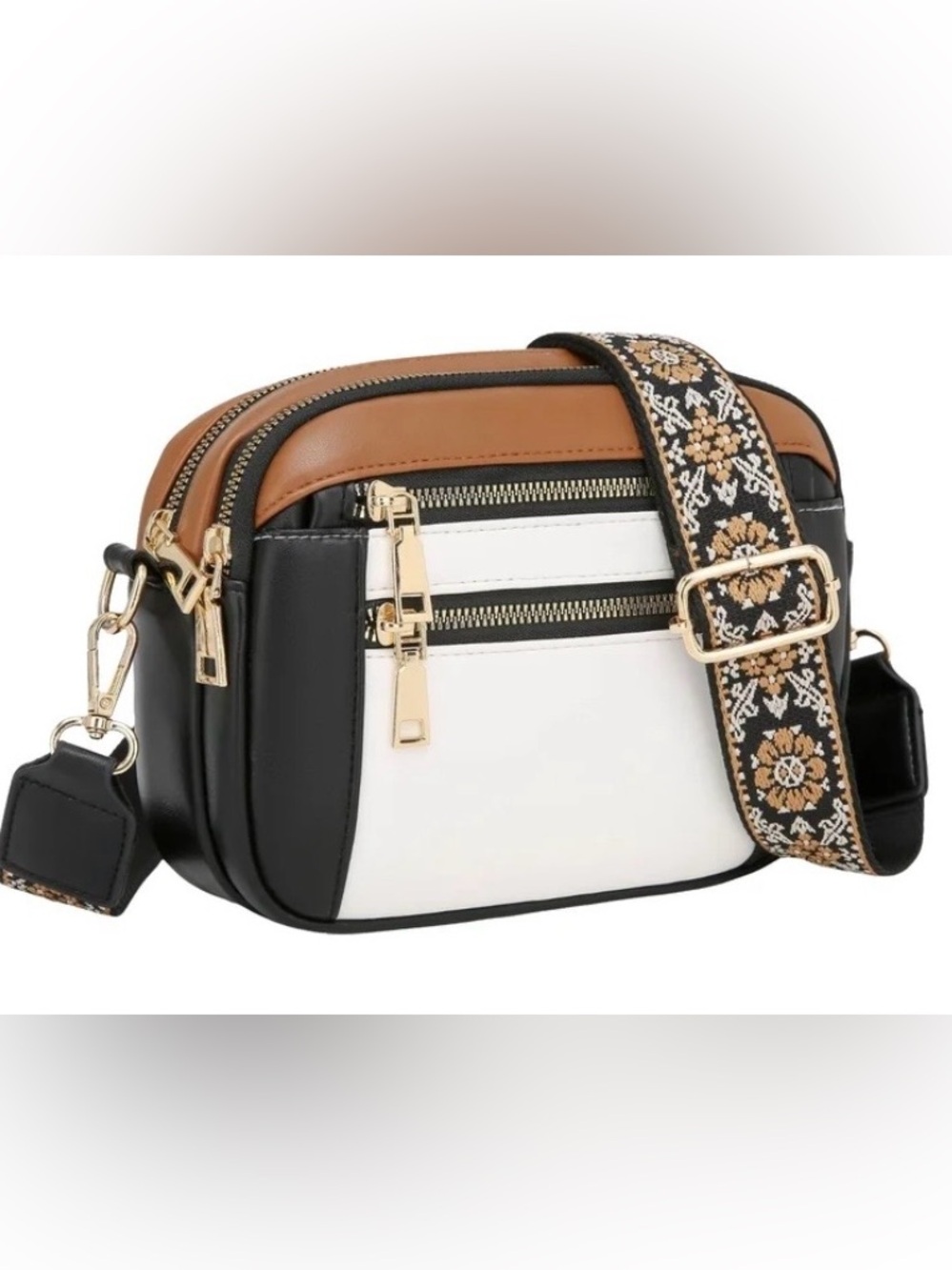 Compact Colorblock Crossbody Bag with Embroidered Strap - Black, White & Tan